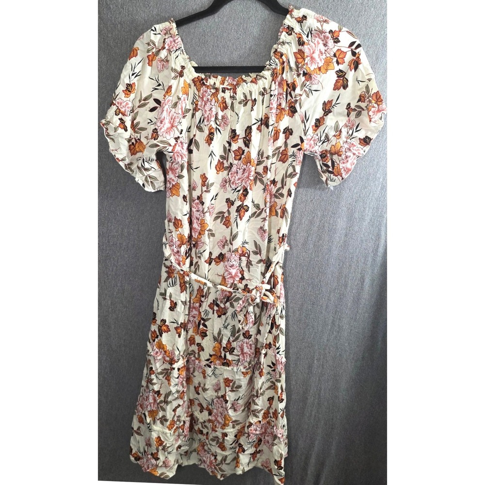 Seven Islands Floral Midi Dress Medium Med M Orange Boho Ruffle Belted Flowers
